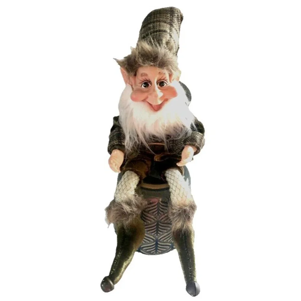 Christmas Pixie Elf Doll Gnome Gold Braid Trim Posable Hanging Bells Brown Plaid